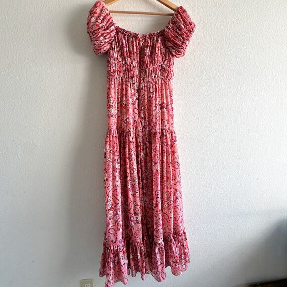 Mango Ruched off shoulder Floral Pink Boho Dress Slit Size 4 - Picture 10 of 11